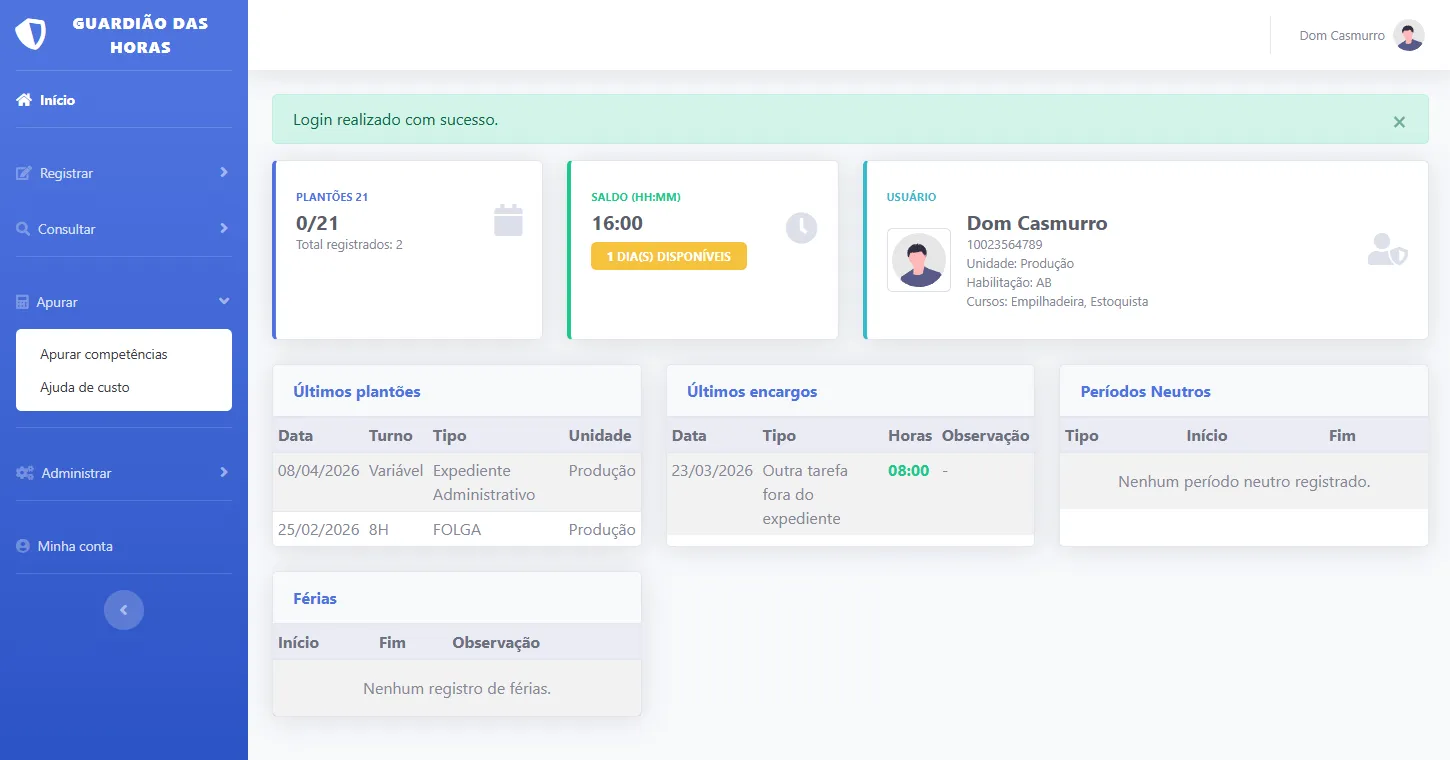Tela inicial de um sistema de banco de horas: saldo de 16 horas, plantões do mês, últimos registros e dados de um usuário fictício.