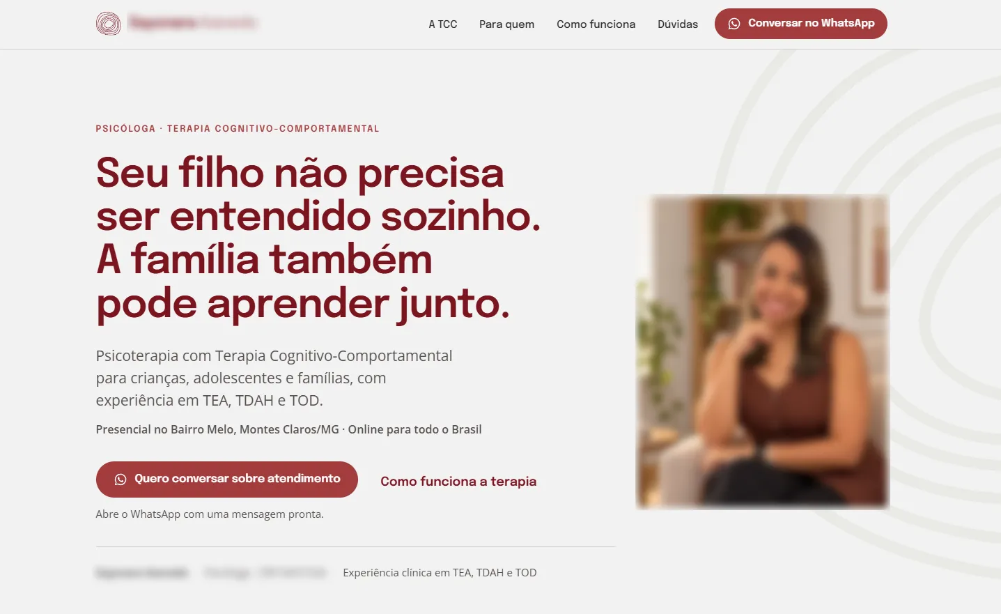 Topo de uma landing page de psicologia com título grande em vinho, subtítulo e botão de conversa pelo WhatsApp.